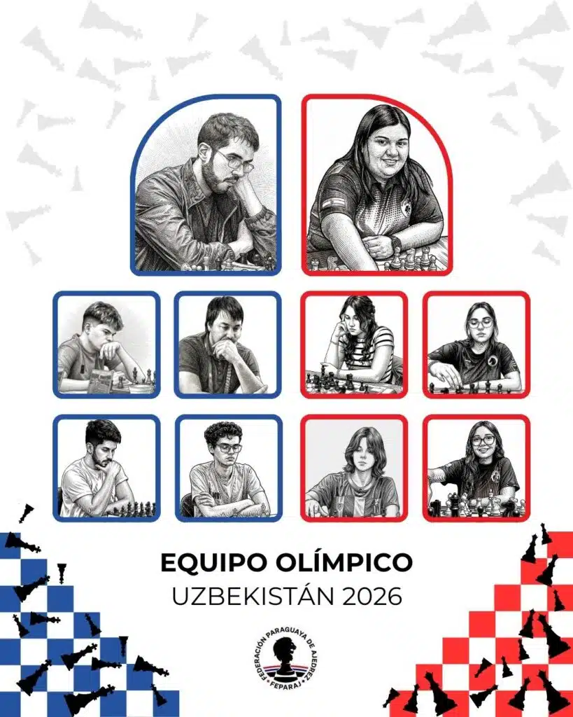 Caricatura de la delegación paraguaya en la Olimpiada de Ajedrez 2026 publicada por FEPARAJ